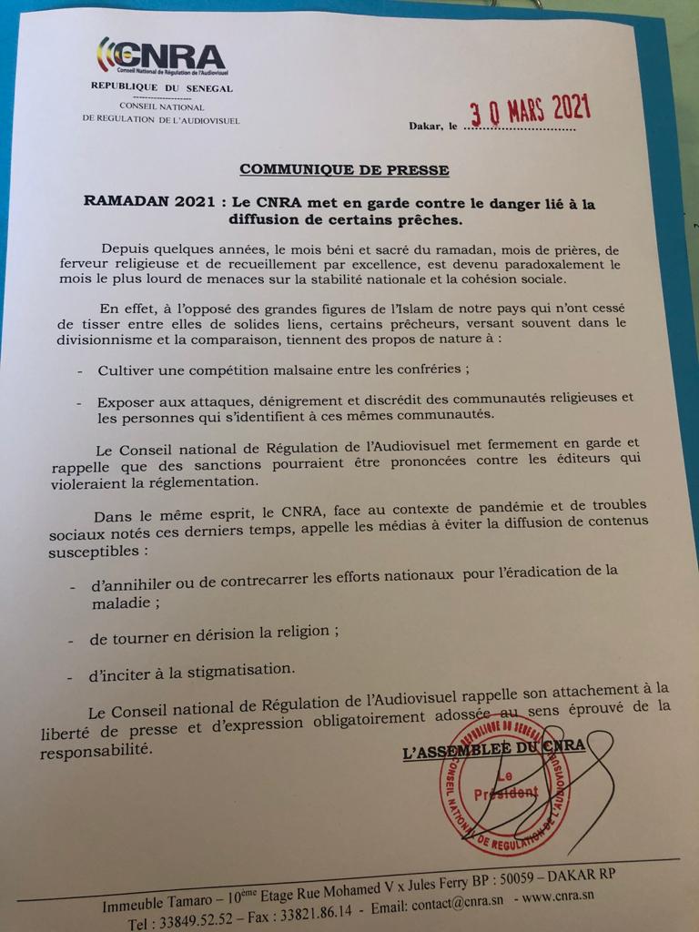 Le CNRA met en garde les chaînes télé contre toute idée de compétition entre les tarikhas au Sénégal durant le Ramadan