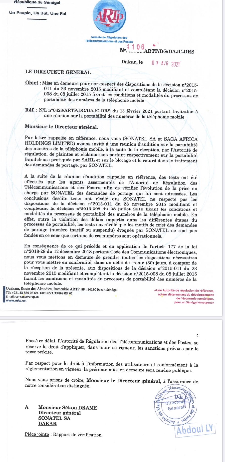 Non-respect des modalités du processus de portabilité des numéros de la téléphonie mobile : l’Artp met en demeure la Sonatel