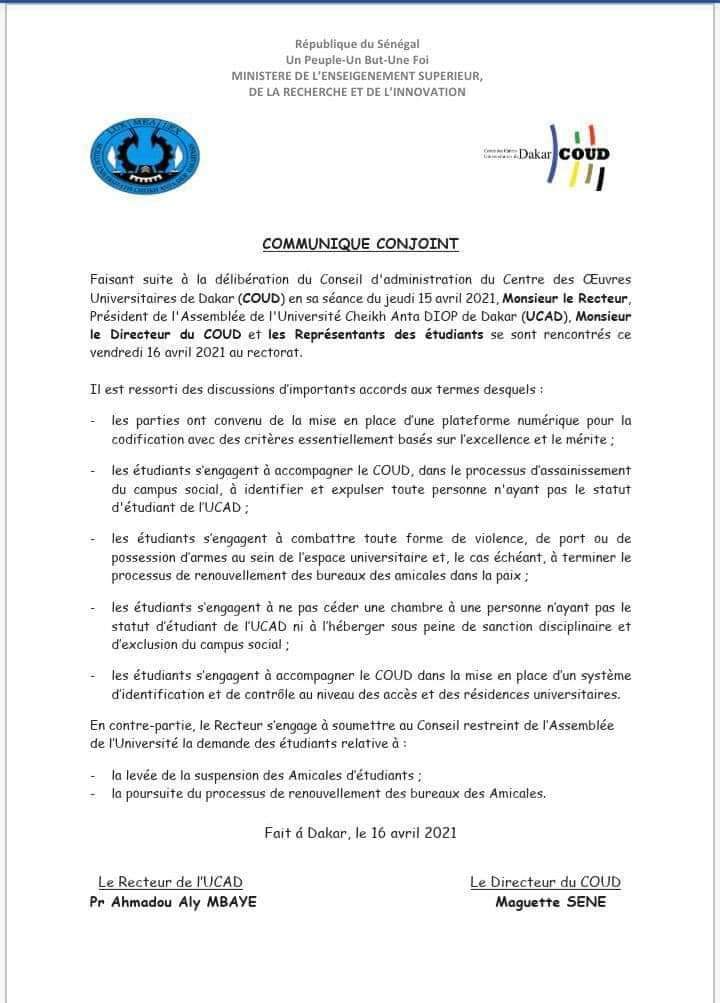 UCAD: plusieurs mesures d'entente prises à l'issue d'une rencontre entre les étudiants et les autorités