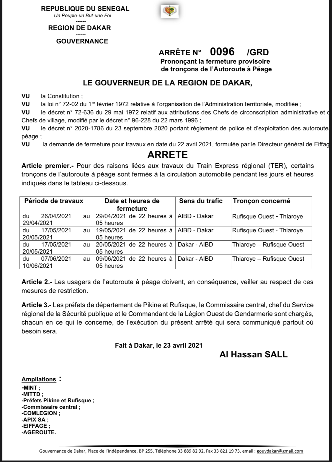 Travaux du TER: le Gouverneur de Dakar sort un arrêté pour divulguer les jours et heures de fermeture de l’autoroute à péage 