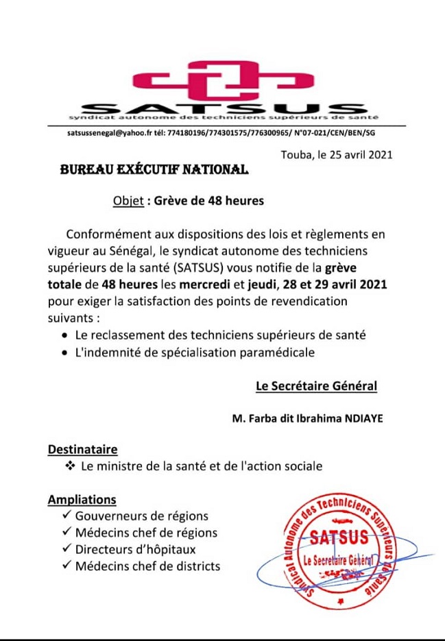 Santé: le SATSUS décrète une grève totale de 48 heures à compter de ce mercredi 28 avril 
