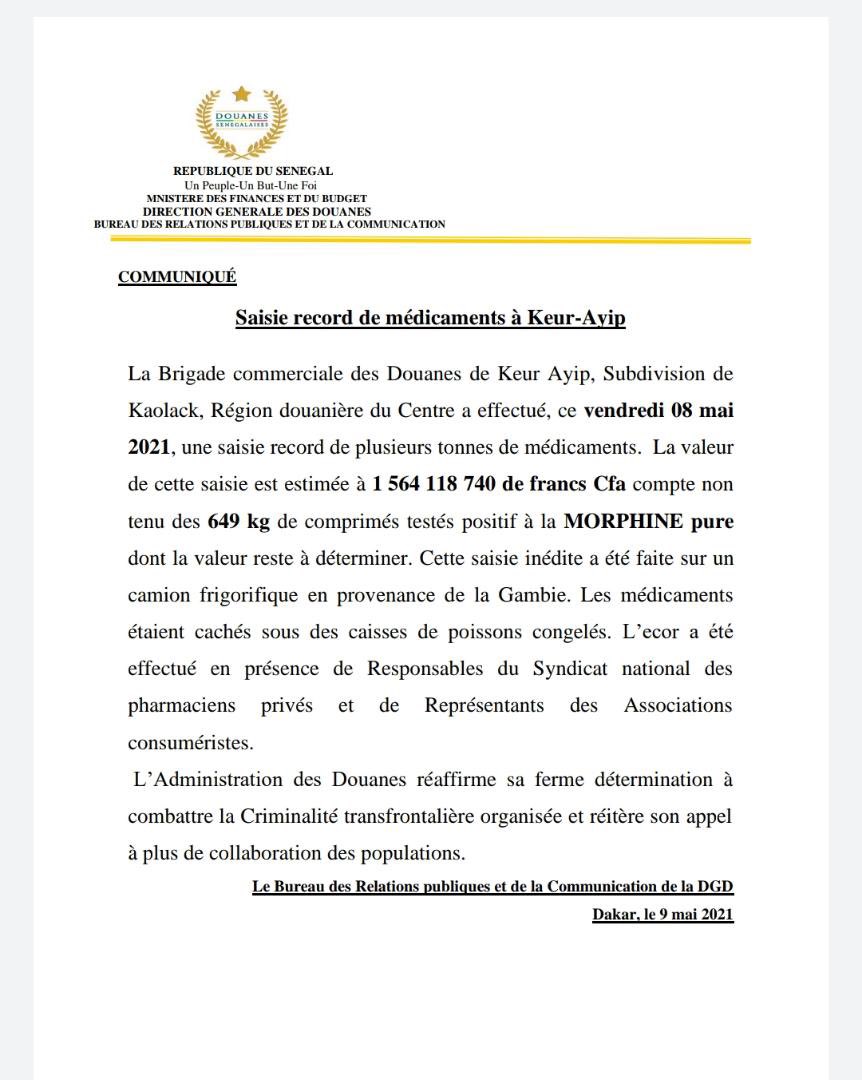 La Douane sénégalaise fait une saisie record de médicaments à Keur Ayib