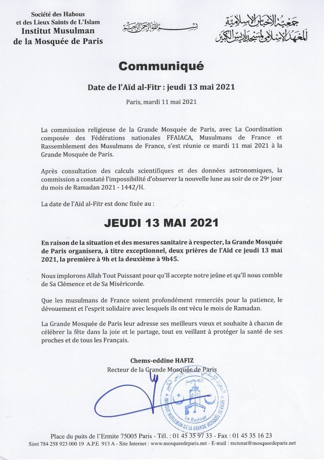 La France va célébrer l’Eid El Fitr jeudi (communiqué)