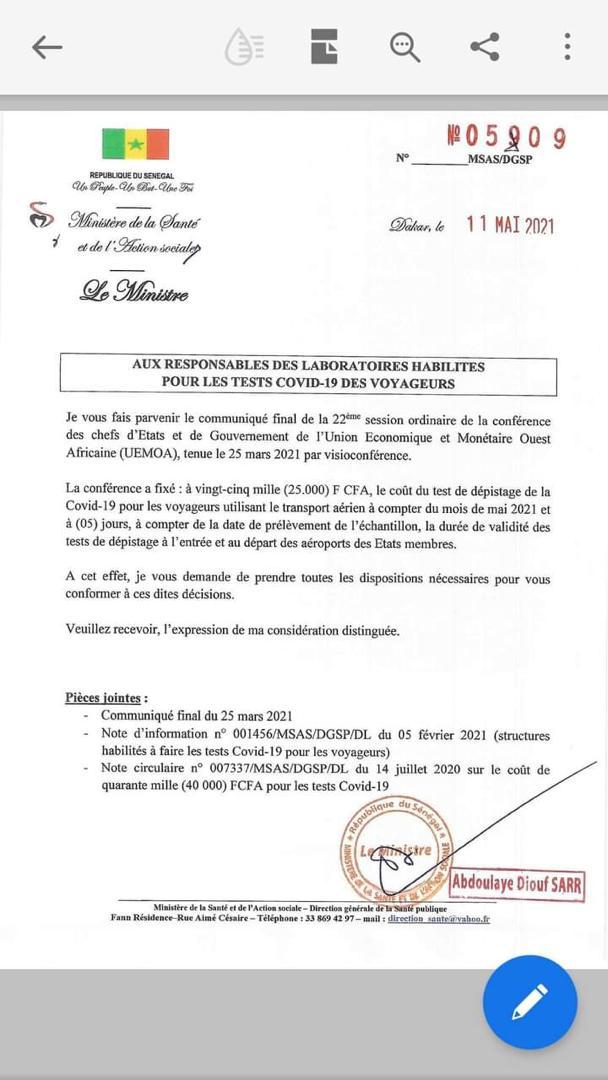 Zone Uemoa:  le coût du test dépistage covid-19 pour les voyageurs fixé à 25.000 FCFA