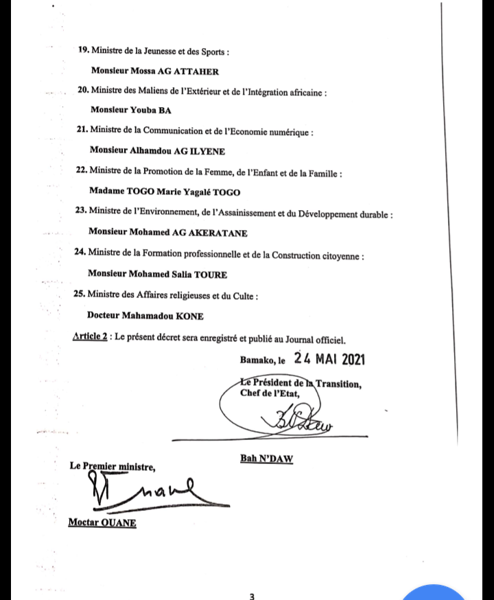 Mali: formation d'un nouveau gouvernement composé de 25 ministres