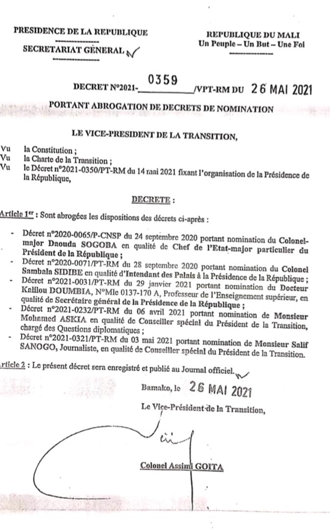 Mali: Assimi Goita abroge plusieurs précédentes nominations