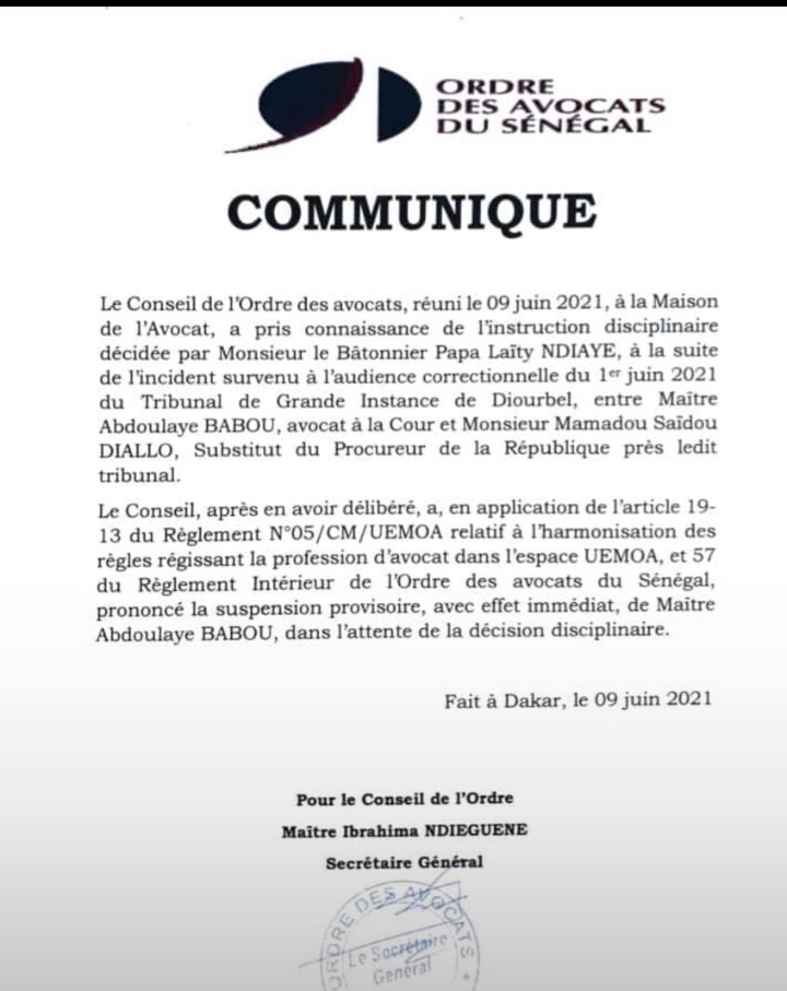 Incident au tribunal de Diourbel : l'Ordre des avocats prononce la suspension provisoire de Me Babou 