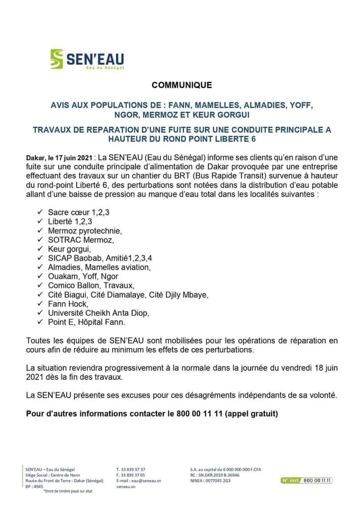 Distribution d'eau potable: Sen’Eau annonce des perturbations dans plusieurs quartiers de Dakar