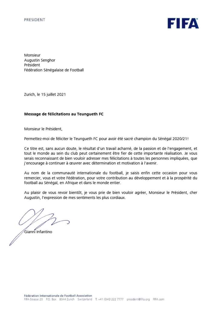 Football : Gianni Infantino adresse ses félicitations au Teungueth FC