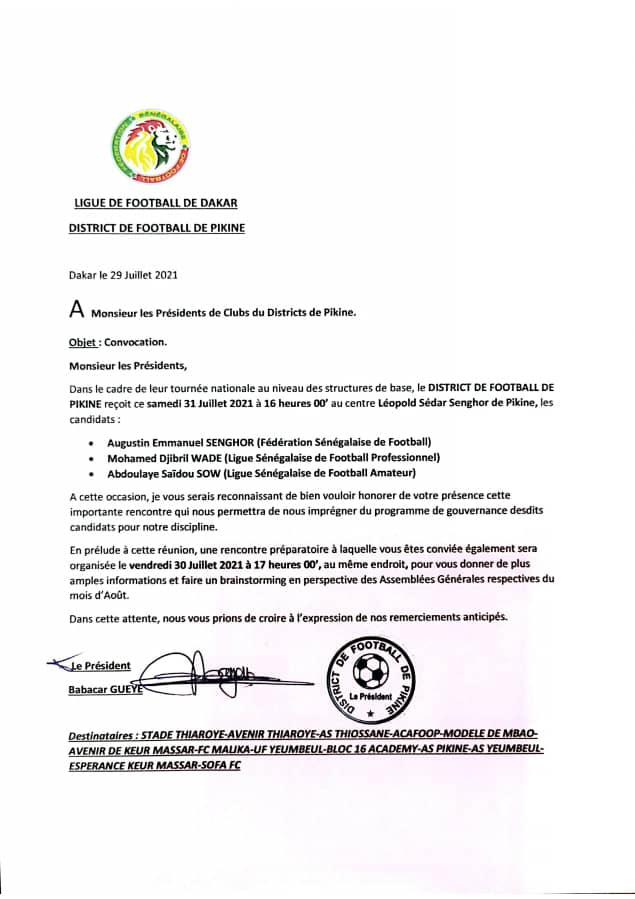 La convocation de la Ligue de Dakar qui montre que Samba Sarr était bien convié à la rencontre