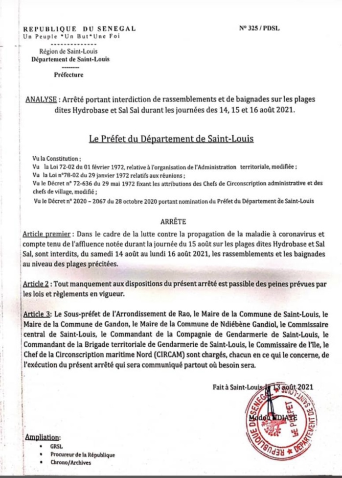 Assomption : les rassemblements et les baignades dans les plages interdits à Saint-Louis