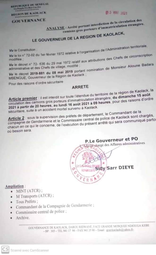 Le Gouverneur de la région de Kaolack interdit les gros porteurs étrangers de circuler jusqu’à lundi à 9 heures