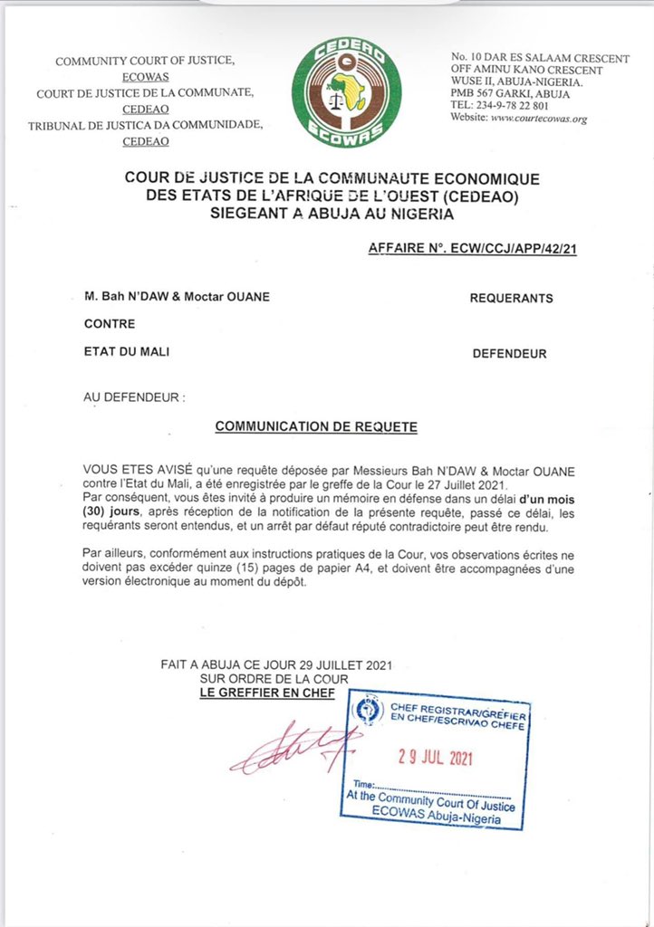 Mali : Bah Ndaw et Mactar Ouane traînent l’Etat devant la Cour de justice de la Cedeao