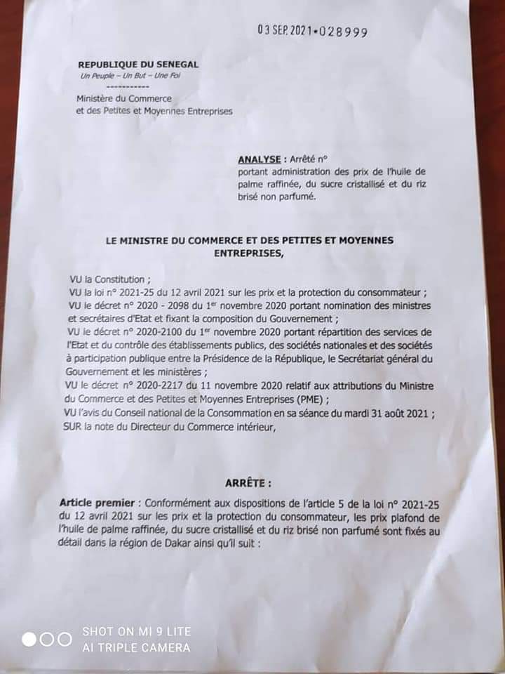 Le ministre du Commerce fixe les prix de l'huile, du sucre du gaz...(document)