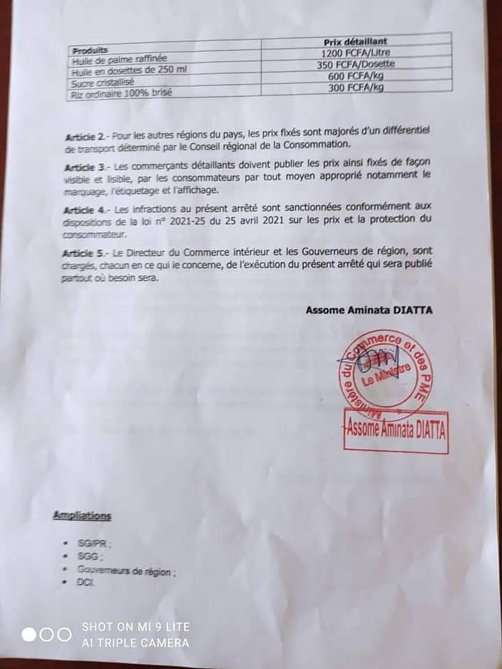 Le ministre du Commerce fixe les prix de l'huile, du sucre du gaz...(document)