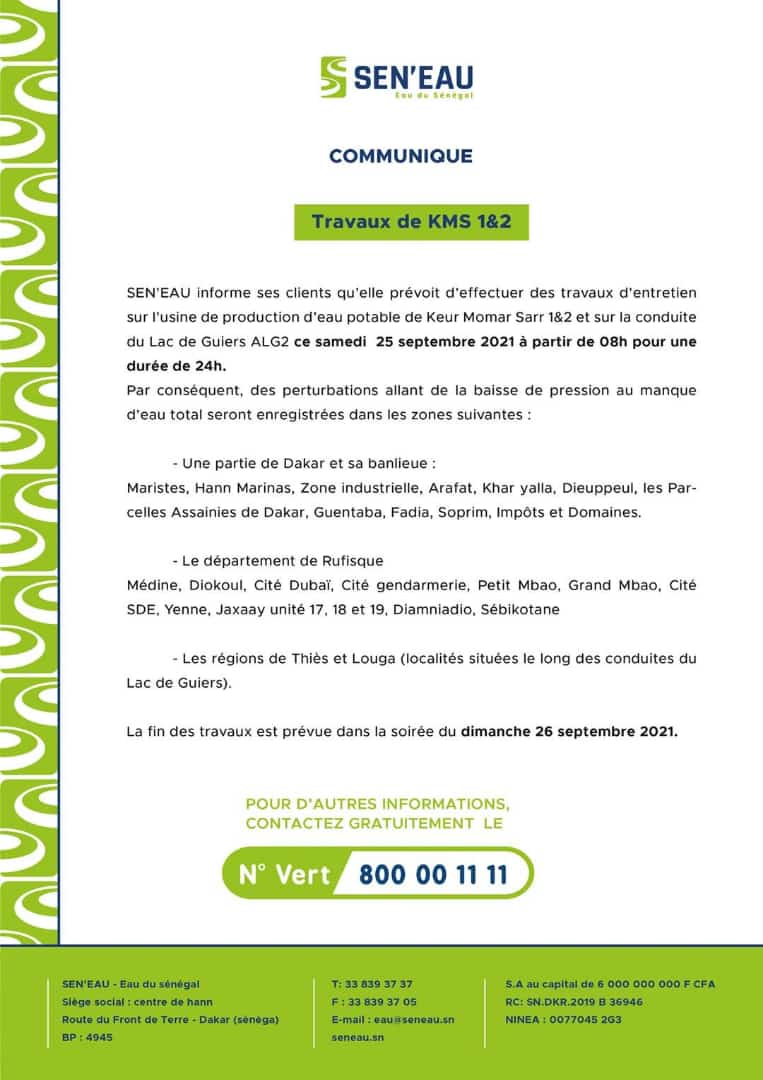 Sen'Eau annonce le manque d'eau dans plusieurs quartiers de Dakar, à Thiès et à Louga