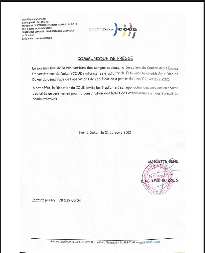 Démarrage des Codifications et de la Campagne de vaccination contre le Covid19 à l’Ucad le 04 octobre