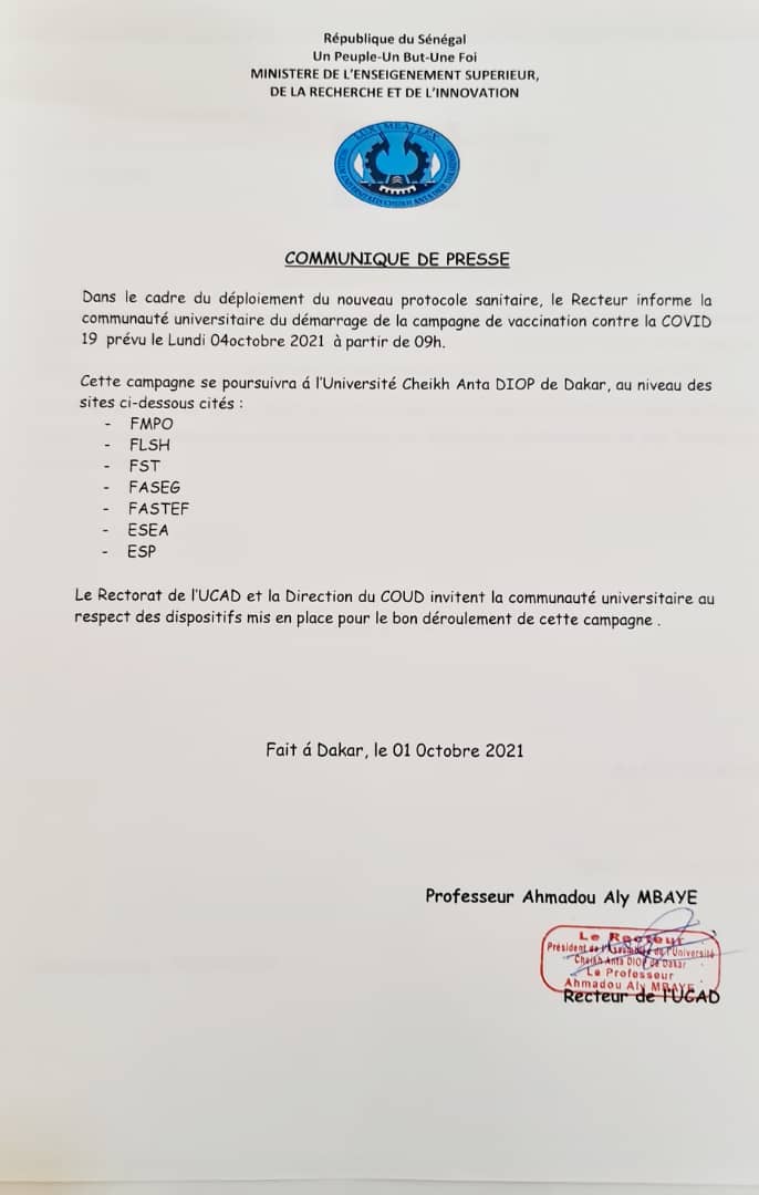 Démarrage des Codifications et de la Campagne de vaccination contre le Covid19 à l’Ucad le 04 octobre
