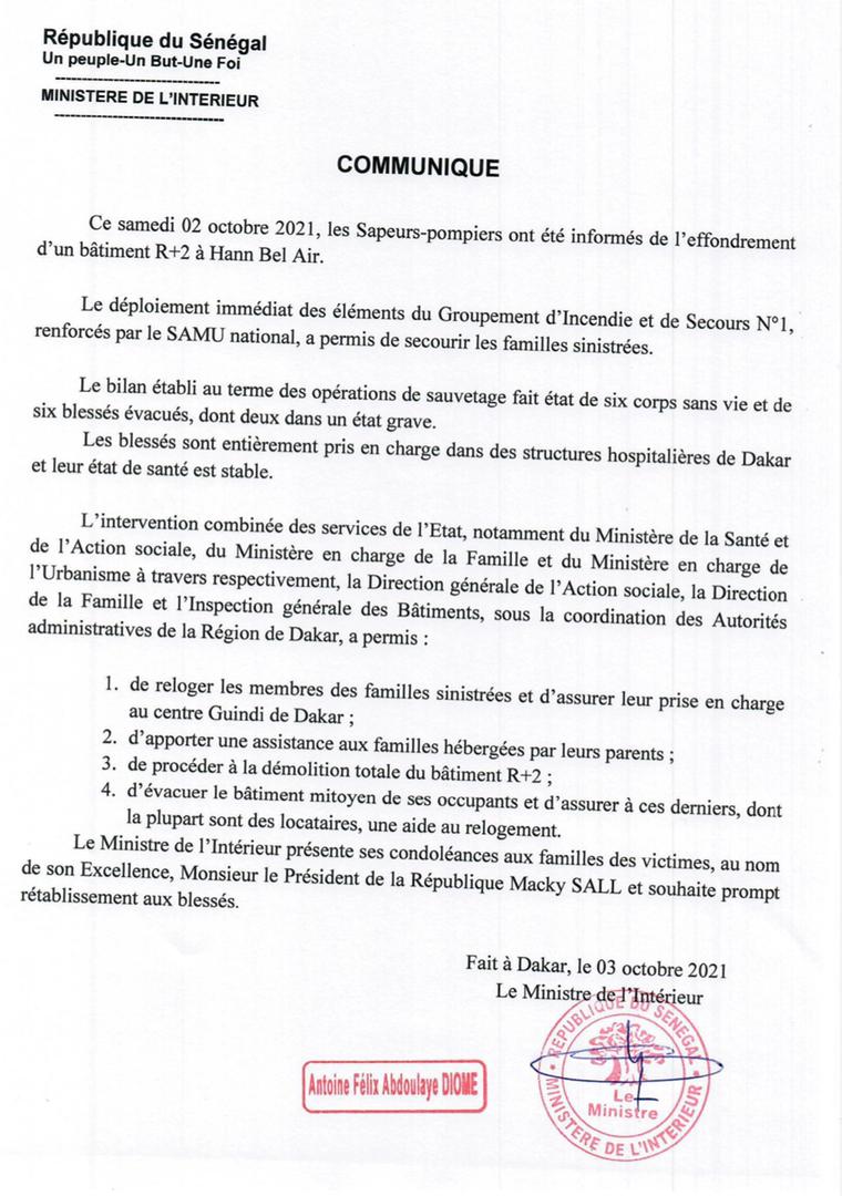 Effondrement d’un bâtiment R+2 à Hann Bel Air : les blessés entièrement pris en charge par l’Etat ( Ministere de l’Intérieur )