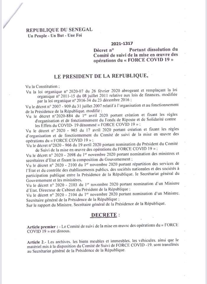 Macky dissout le Comité de suivi du Fonds Force Covid-19