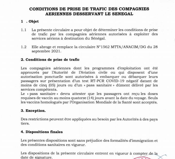 Les passagers vaccinés à destination du Sénégal sont dispensés de test RT-PCR