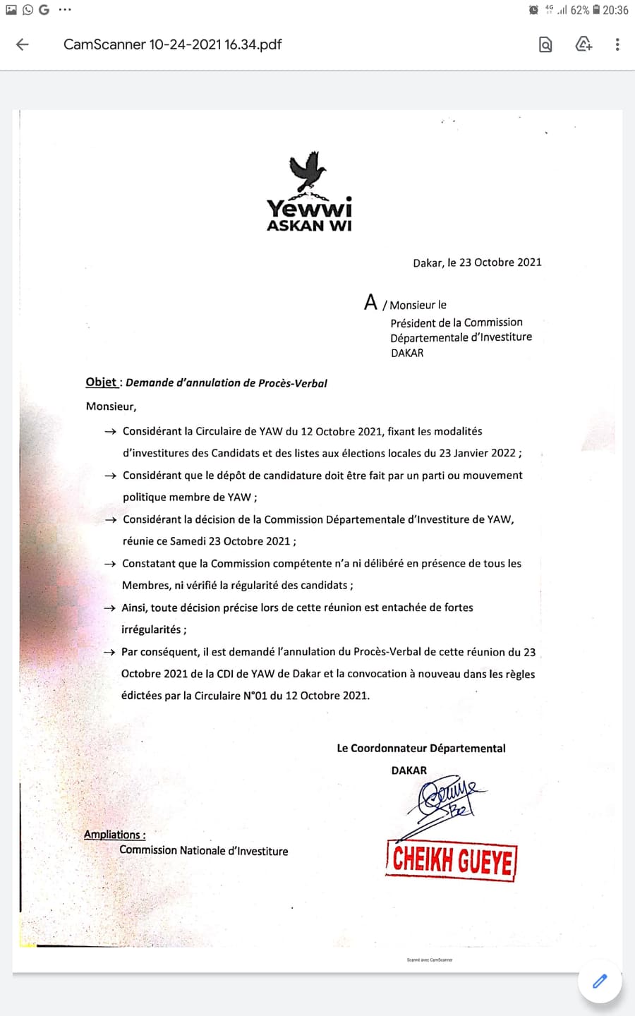 Candidature forclose Sokham Wardini: Cheikh Gueye demande l’annulation du PV de la commission d’investiture