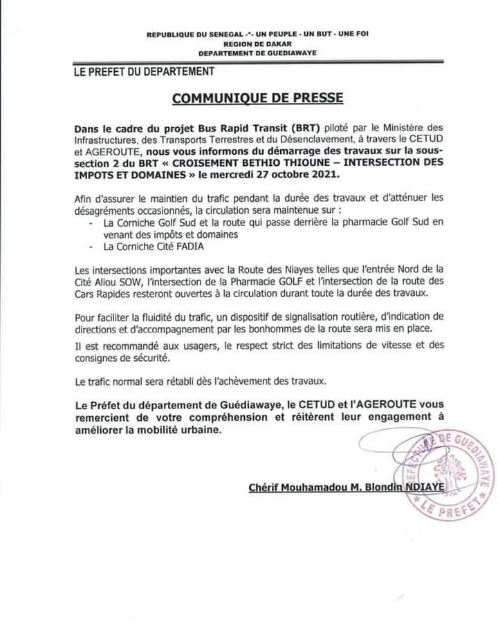 Croisement Béthio Thioune- Intersection des Impôts et domaines: Démarrage des travaux de la sous-section 2 du BRT ce mercredi