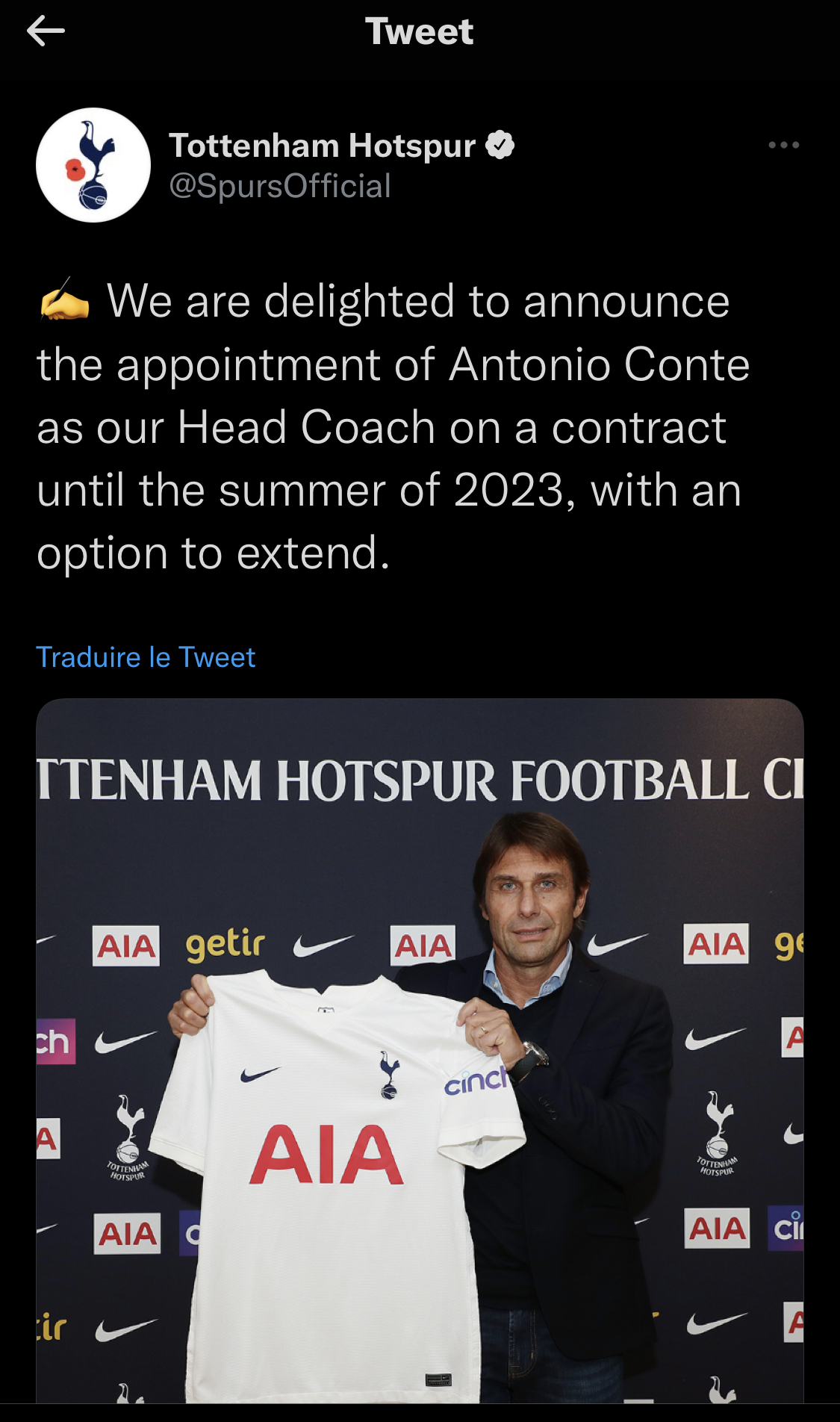 Tottenham officialise l'arrivée de Conte