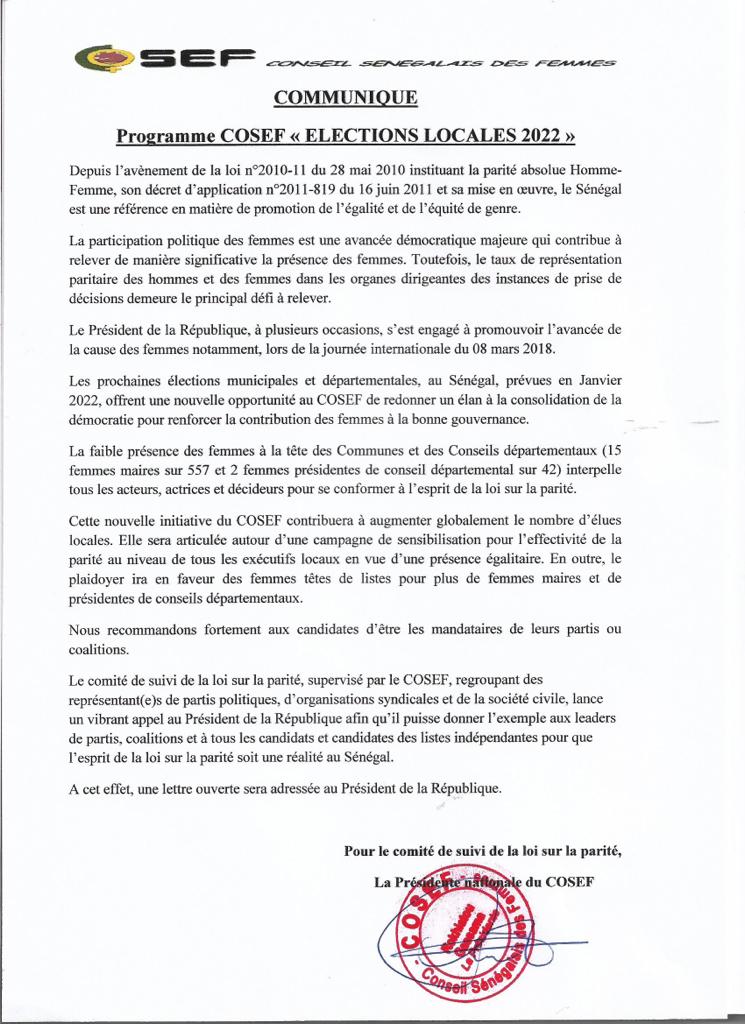 Faible présence des femmes à la tête des Communes : Le Cosef appelle "les acteurs à se conformer à l'esprit de la loi sur la parité"