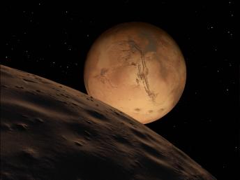 La planète Mars vue de la Lune. Getty Images/Stocktrek Images