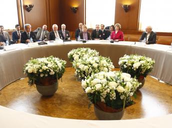 Ouverture à Genève des négociations sur le nucléaire iranien avec le ministre iranien des Affaires étrangères Mohammad Javad Zarif, Catherine Ashton, chef de la diplomatie européenne et Wendy Sherman, secrétaire d'Etat adjointe américaine. REUTERS/Denis Balibouse