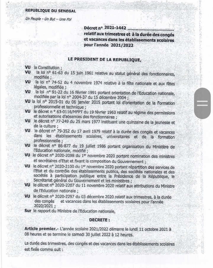 Macky Sall signe un décret relatif aux trimestres et à la durée et vacances des établissements scolaires