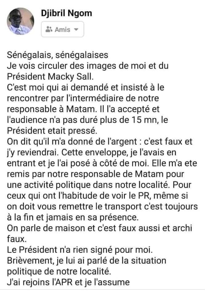Audience avec Macky Sall: Djibril Ngom s'exprime sur l'enveloppe qui apparaît sur la photo