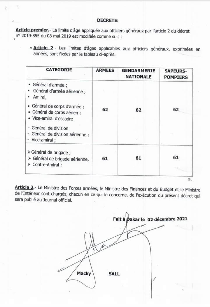 Forces de défense et de sécurité: le Président Macky Sall rallonge la limite d'âge à la retraite des Généraux