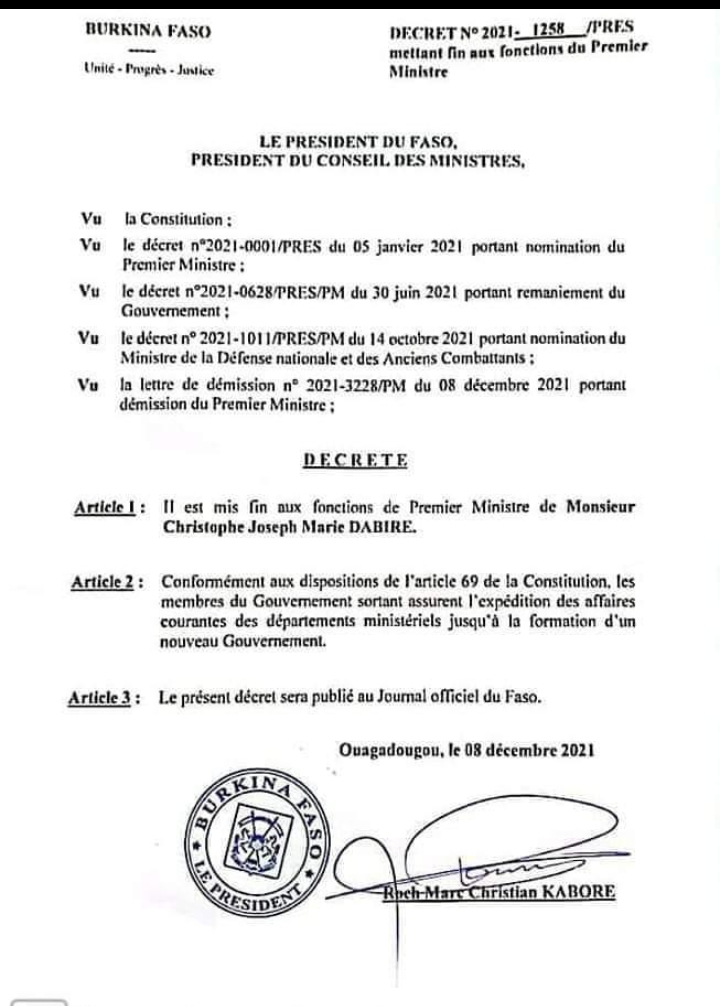 Burkina Faso: le Président Kaboré accepte la démission de son Premier ministre Dabiré 