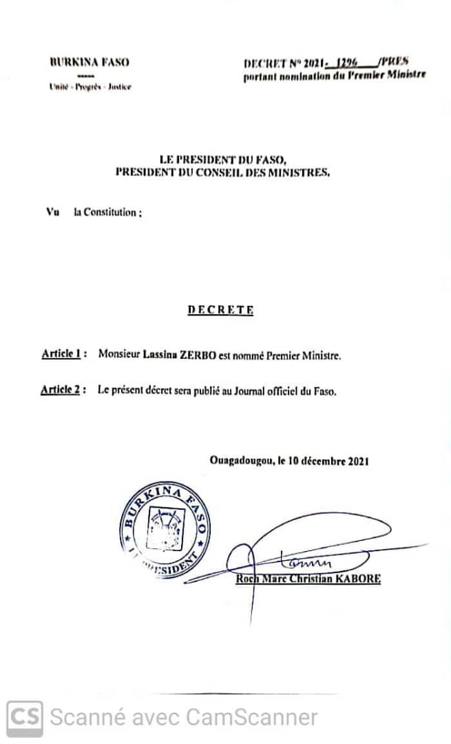 Burkina Faso:  Lassine ZERBO nommé Premier ministre