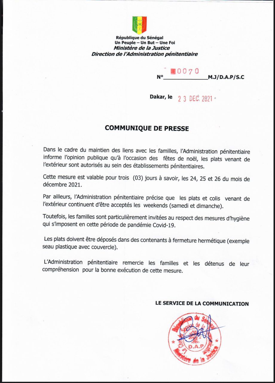 Fêtes de Noël 2021: les plats venant de l'extérieur autorisés par l'administration pénitentiaire (Document)
