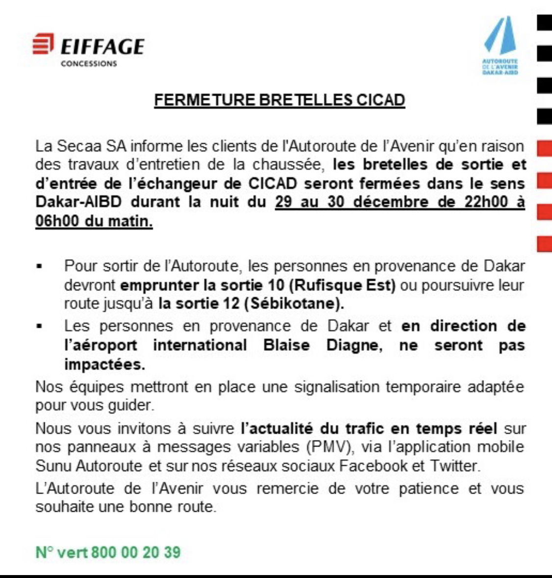 Travaux d’entretien de la Chaussée: fermeture des bretelles de l’Échangeur de CICAD