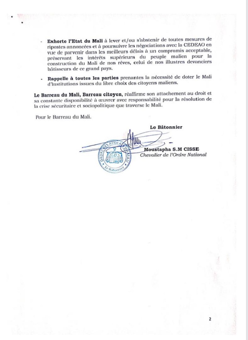 ​Sanctions de la CEDEAO et l’UEMOA: le Barreau du Mali se dit contre et exhorte la poursuite des négociations avec la CEDEAO