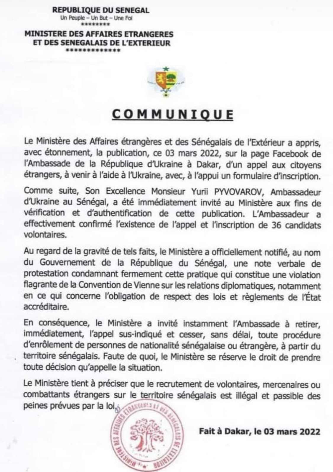 Sénégalais candidats au visa pour aller combattre en Ukraine: l’Ambassadeur Pivovarov convoqué et recadré par les autorités