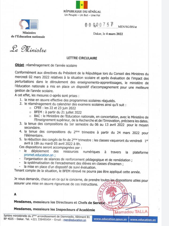 Le ministère de l’Éducation réaménage les dates du CFEE et du BFEM