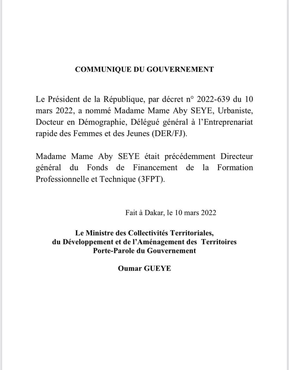 DER/FJ : Mame Aby Seye nommée délégué Général