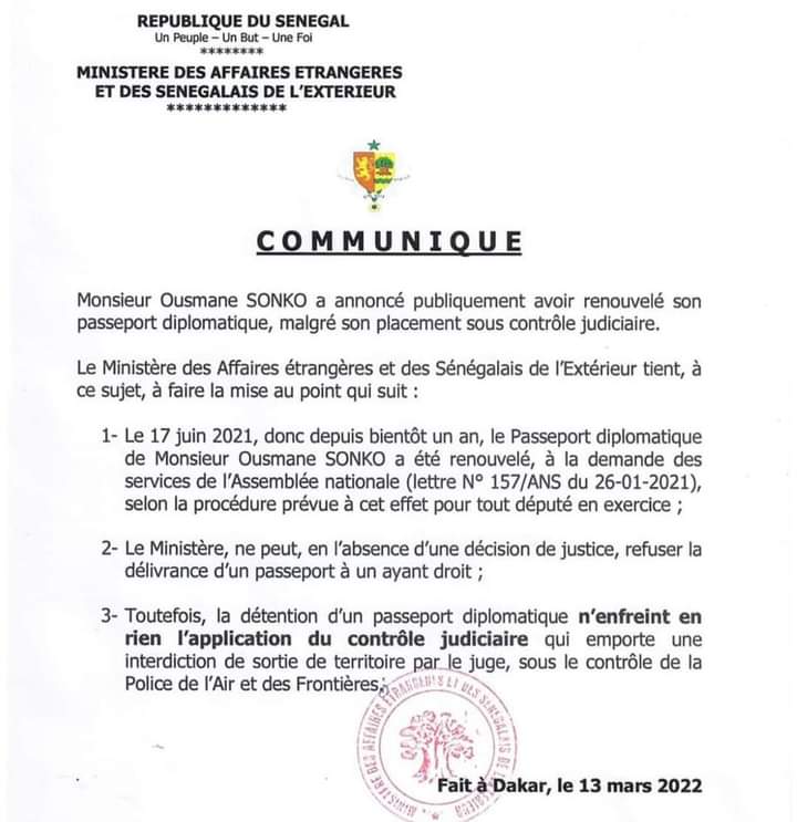 Détention d’un passeport diplomatique par Sonko : la précision du ministère des Affaires étrangères