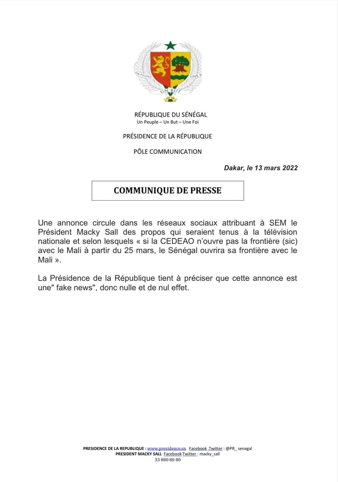 Ouverture des frontières avec le Mali : Macky Sall victime de Fake News