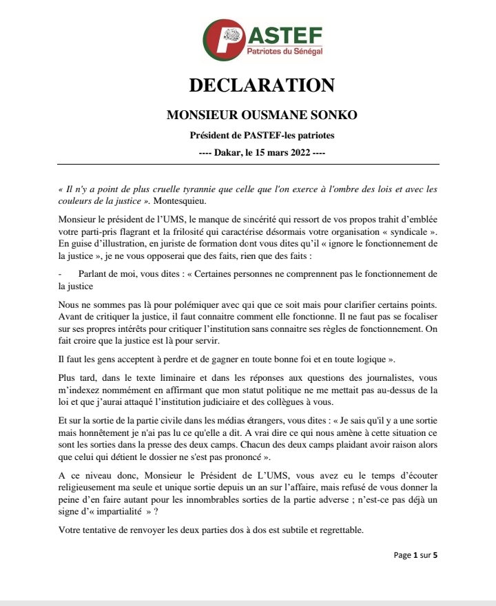 La réplique salée de Ousmane Sonko à l'Union des magistrats du Sénégal
