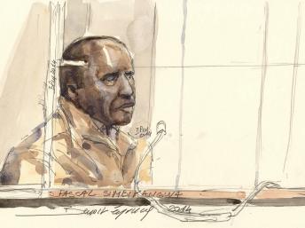 Dessin représentant l'accusé Pascal Simbikangwa lors de l'audience du 4 février 2014 à Paris. AFP PHOTO / BENOIT PEYRUCQ