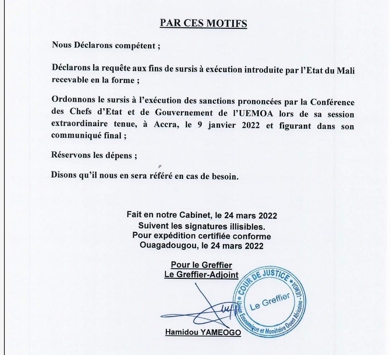 La Cour de Justice de l'UEMOA suspend les sanctions contre le Mali La Cour de Justice de l'UEMOA suspend les sanctions contre le Mali