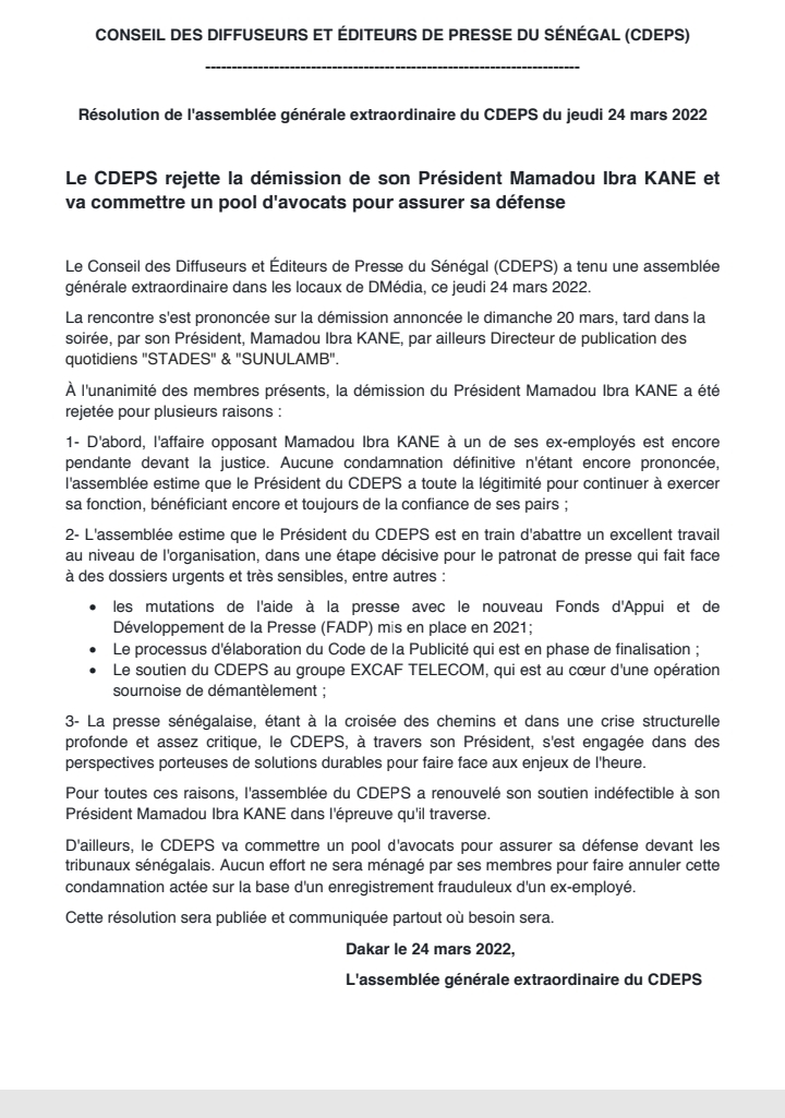La démission de Mamadou Ibra Kane rejetée, le Cdeps entend commettre un pool d'avocats pour sa défense