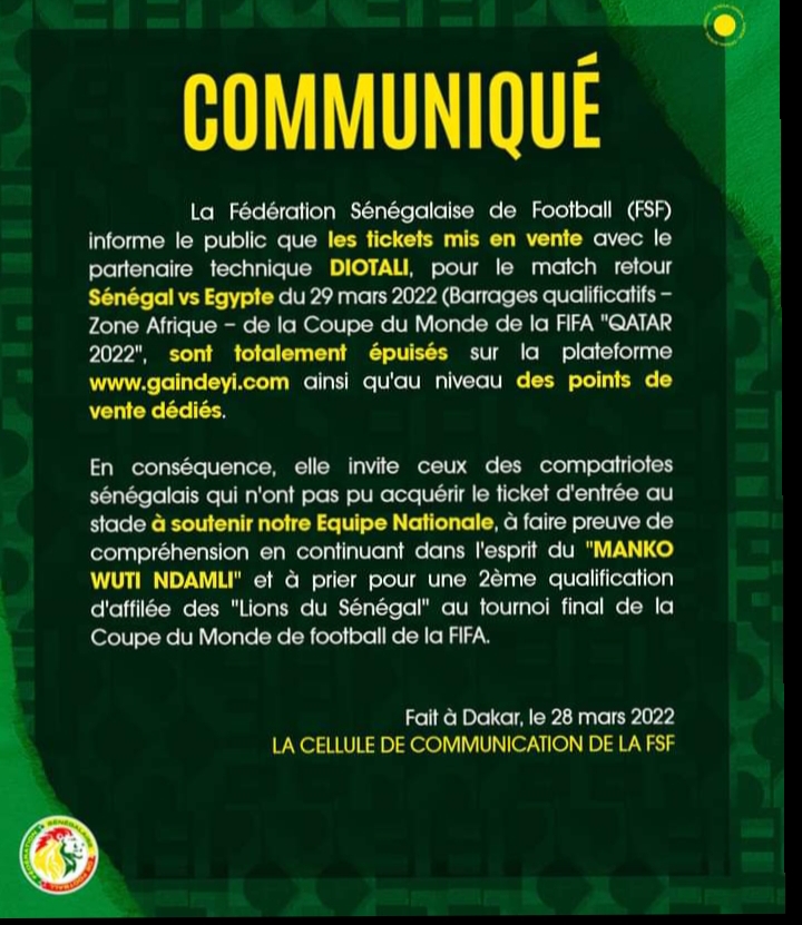Match Sénégal vs Égypte : les tickets sont totalement épuisés, selon la FSF