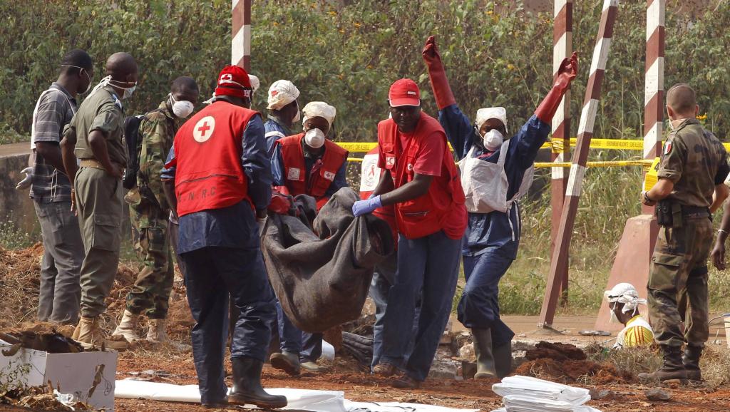 Des employés de la Croix-Rouge transportent les cadavres sortis de la fosse commune. Bangui, le 17 février 2014.
